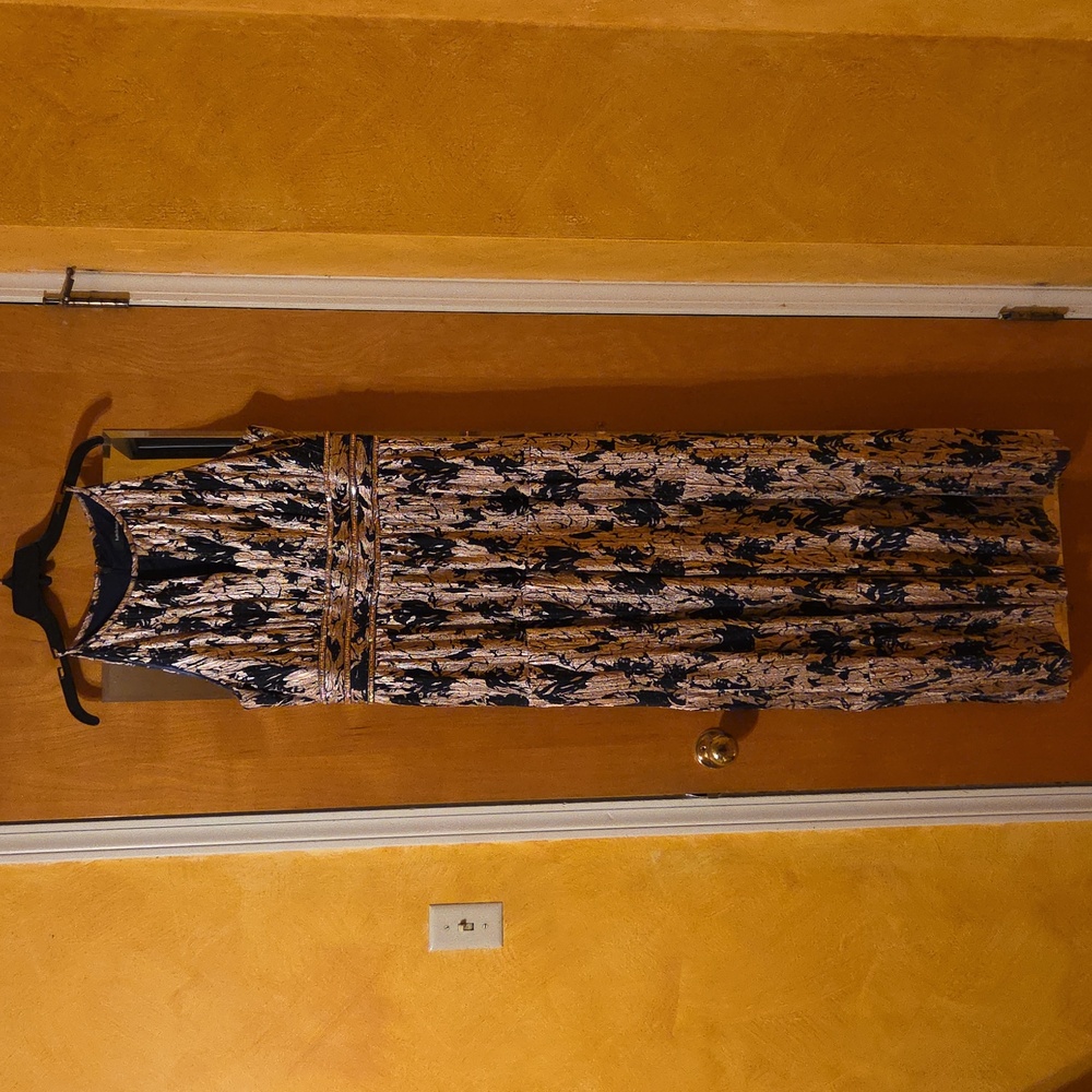 R & M Richards Strapless Dress in Navy and Gold/Bronze Floral